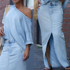 Icone™ FashionSet: Stijlvolle Off-Shoulder Top En Denim Rok