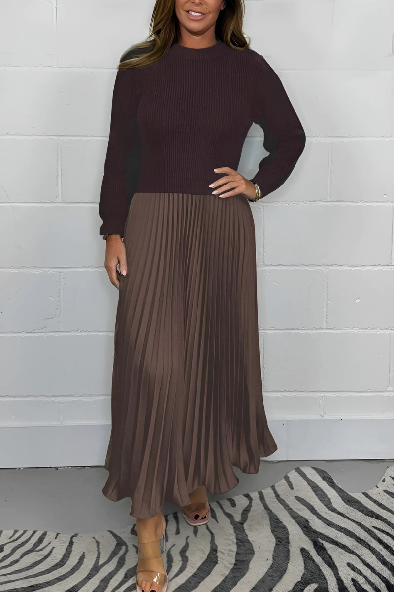 Icone™ PleatedDress: Lange Mouwen Top Met Elegante Geplooide Onderkant Jurk