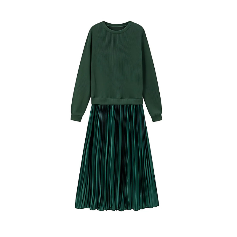 Icone™ PleatedDress: Lange Mouwen Top Met Elegante Geplooide Onderkant Jurk