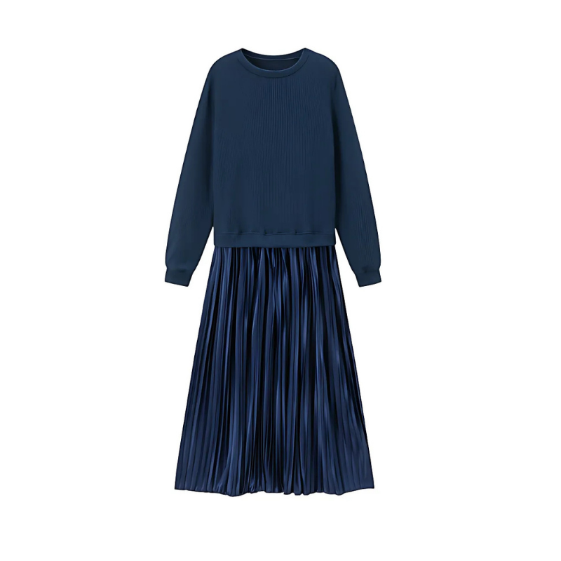 Icone™ PleatedDress: Lange Mouwen Top Met Elegante Geplooide Onderkant Jurk