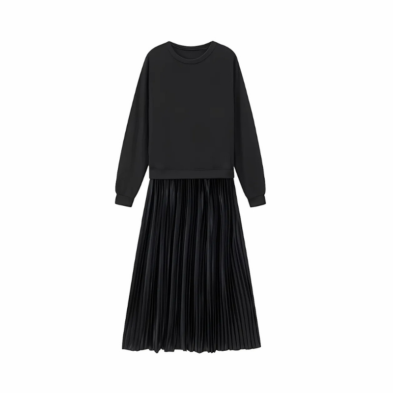 Icone™ PleatedDress: Lange Mouwen Top Met Elegante Geplooide Onderkant Jurk
