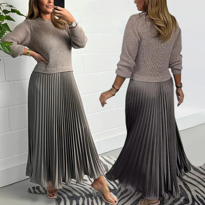 Icone™ PleatedDress: Lange Mouwen Top Met Elegante Geplooide Onderkant Jurk