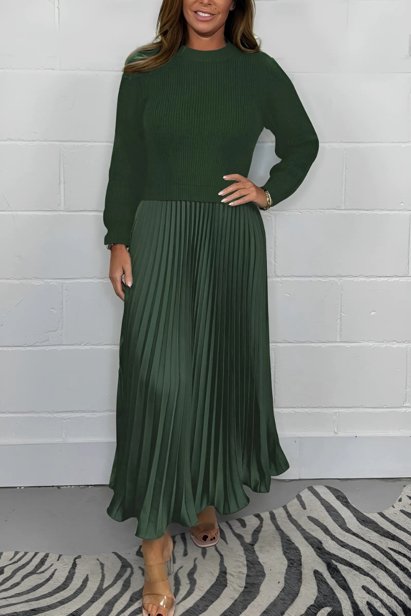Icone™ PleatedDress: Lange Mouwen Top Met Elegante Geplooide Onderkant Jurk