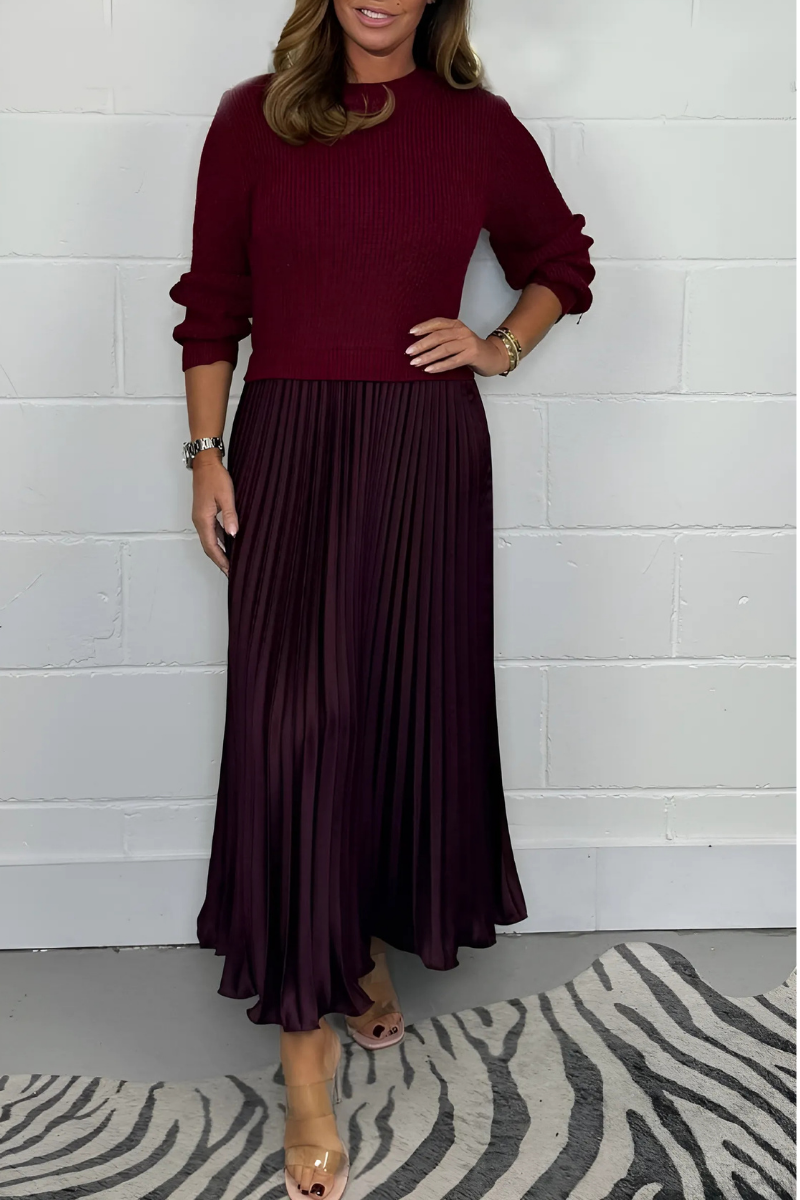Icone™ PleatedDress: Lange Mouwen Top Met Elegante Geplooide Onderkant Jurk