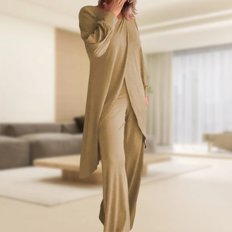 Icone™ ClassicSet: Klassieke Lange Mouw Met Chique Voorkant Spleet Top En Broek Set