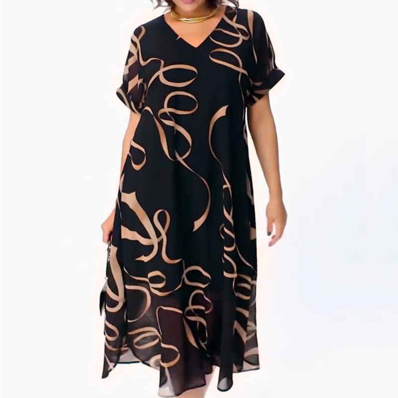 Icone™ FlowyDress: Dubbel Gelaagde V-Hals Zwierige Maxi Jurk
