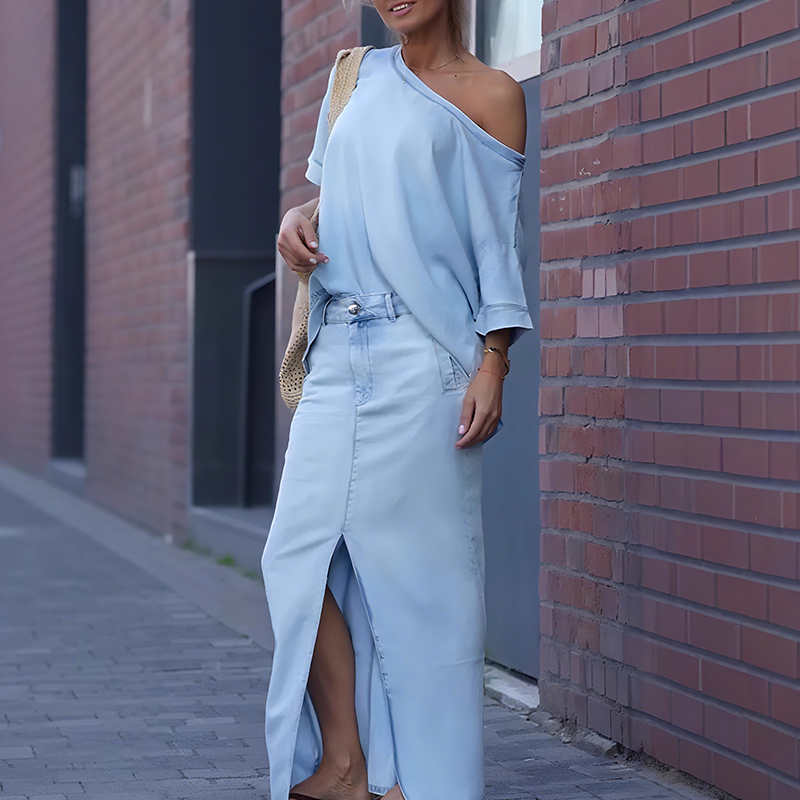 Icone™ FashionSet: Stijlvolle Off-Shoulder Top En Denim Rok
