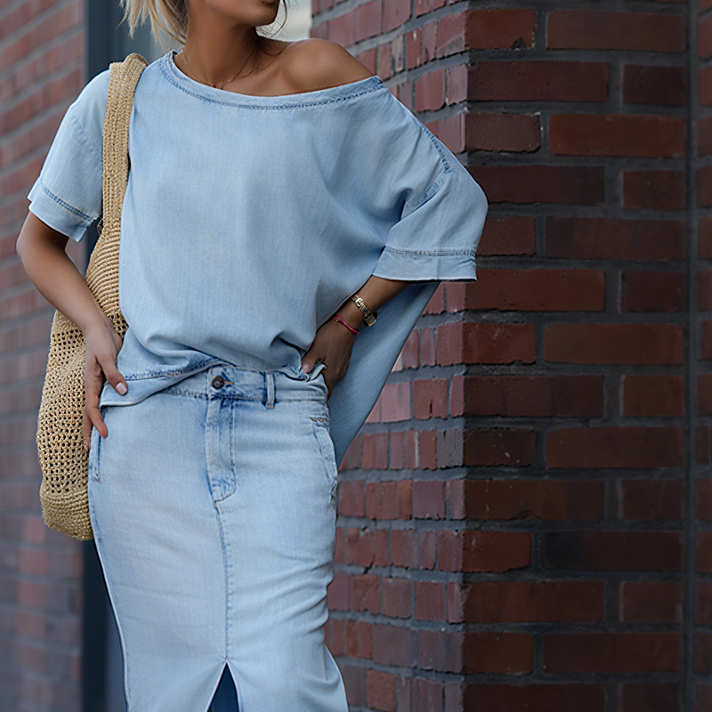 Icone™ FashionSet: Stijlvolle Off-Shoulder Top En Denim Rok