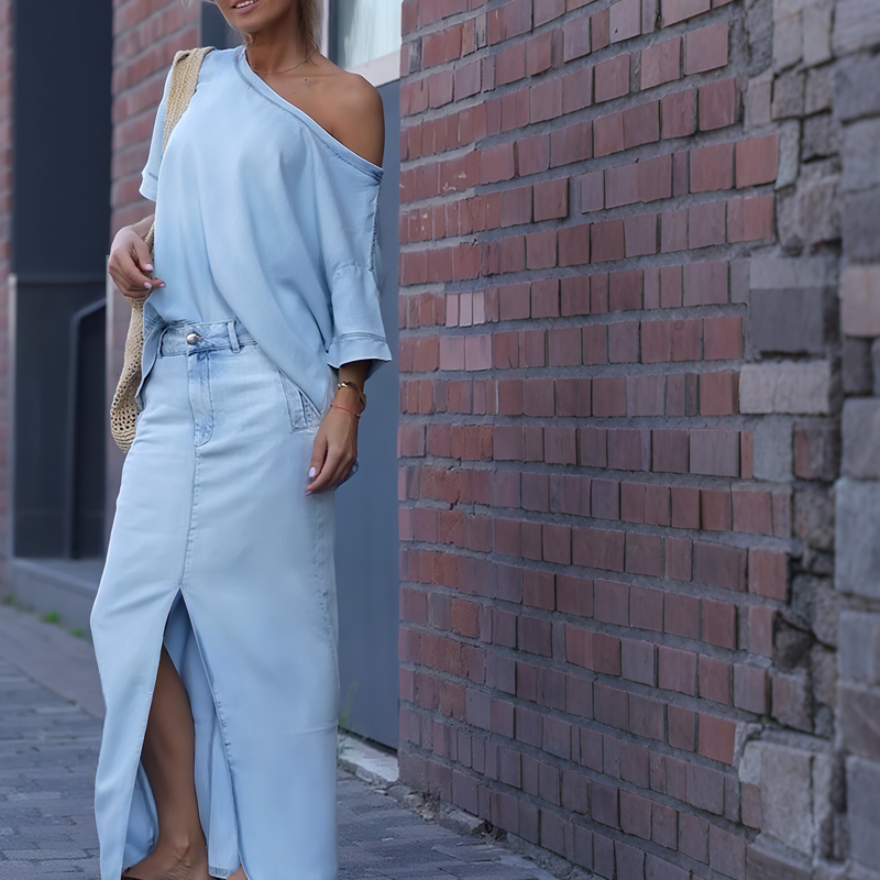 Icone™ FashionSet: Stijlvolle Off-Shoulder Top En Denim Rok